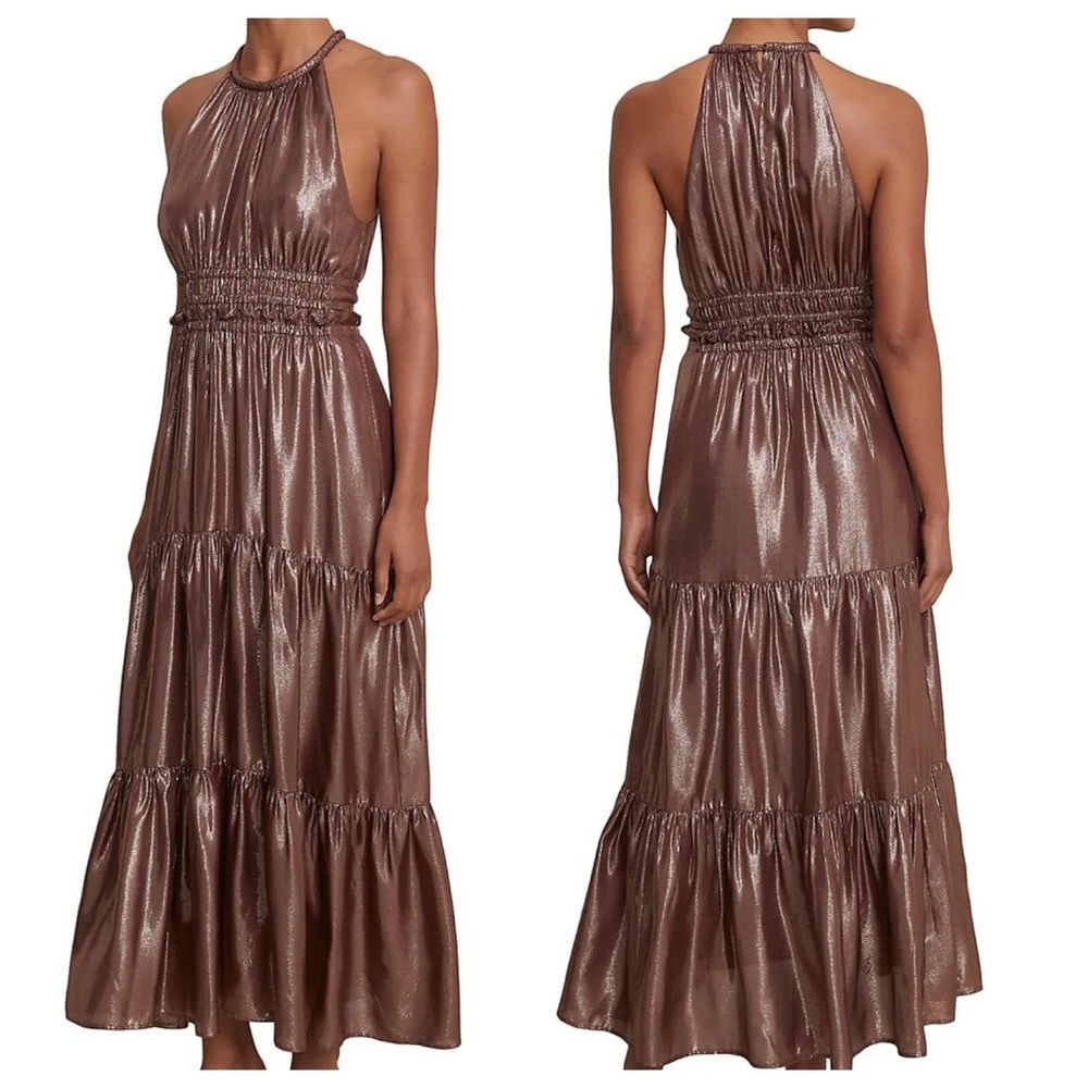 A.L.C. Silk Elara Metallic Halter Dress in Bitter Chocolate